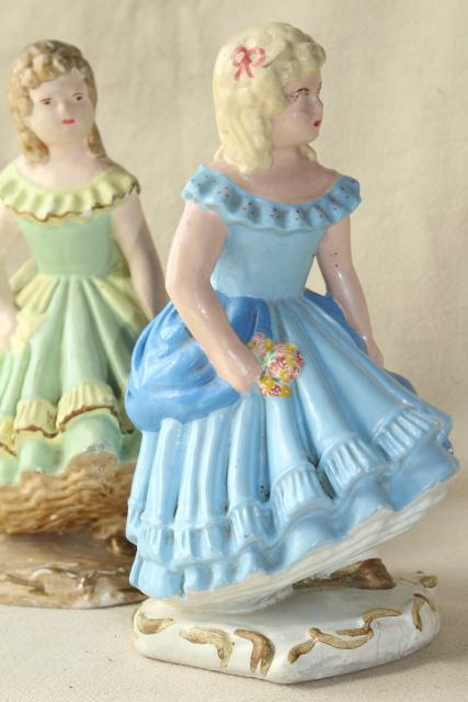 photo of 40s 50s vintage chalkware figures / doorstops, girls w/ ringlet curls in green & blue dresses #6