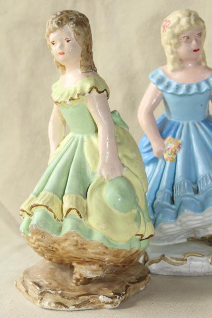 photo of 40s 50s vintage chalkware figures / doorstops, girls w/ ringlet curls in green & blue dresses #8