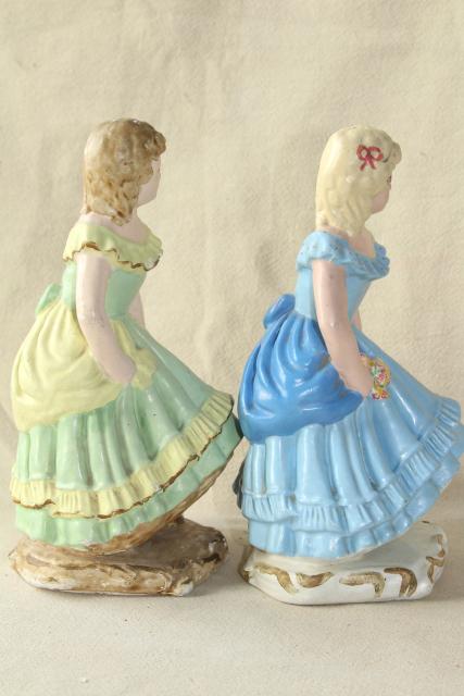 photo of 40s 50s vintage chalkware figures / doorstops, girls w/ ringlet curls in green & blue dresses #9