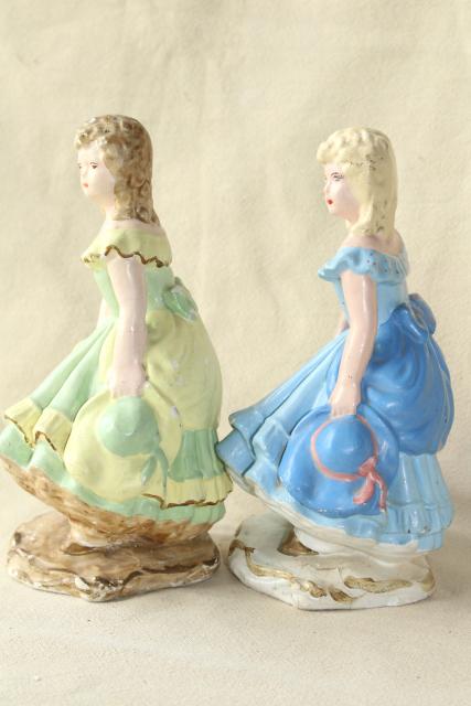 photo of 40s 50s vintage chalkware figures / doorstops, girls w/ ringlet curls in green & blue dresses #11