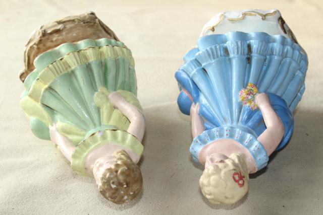 photo of 40s 50s vintage chalkware figures / doorstops, girls w/ ringlet curls in green & blue dresses #12