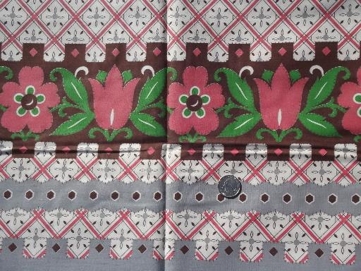 photo of 40s 50s vintage cotton fabric, border print pink tulips on grey / brown #1