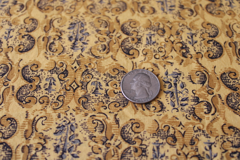 photo of 40s 50s vintage cotton fabric, chic print in grey & brown on mustard gold #1