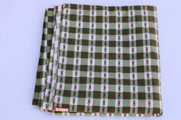 photo of 40s 50s vintage cotton fabric for dress or shirt, checked print olive green, brown, black