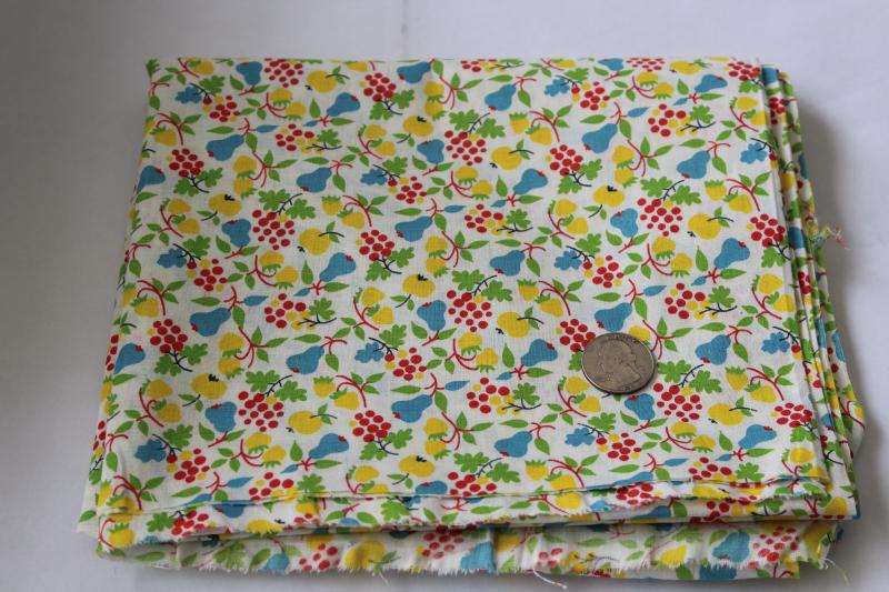 photo of 40s 50s vintage cotton fabric, red aqua yellow green fruit print on white #1