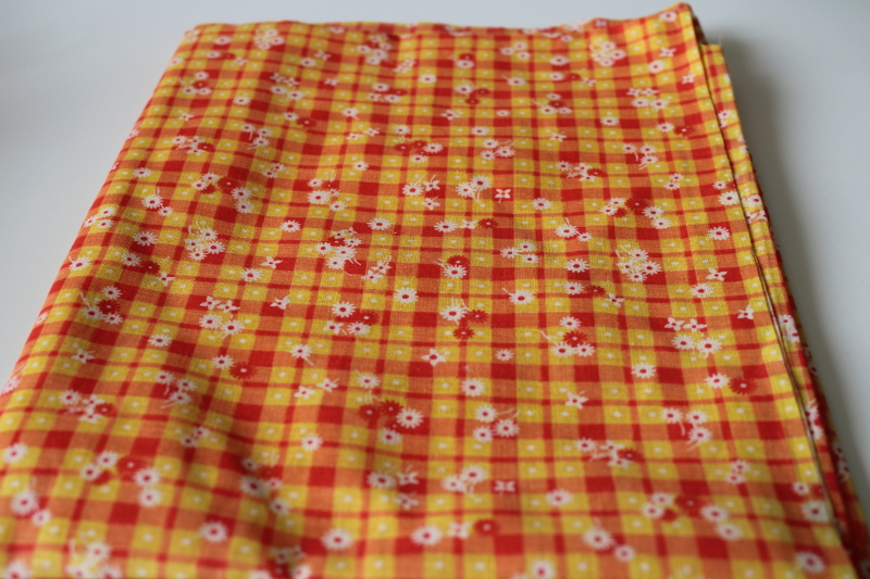 photo of 40s 50s vintage cotton fabric, retro yellow & red plaid w/ flowered print  #1