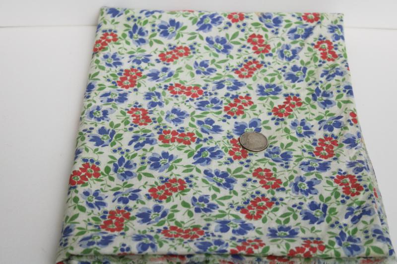 photo of 40s 50s vintage cotton feed sack fabric, floral print red & blue flowers #1