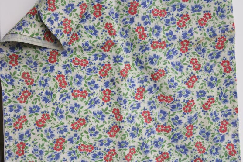 photo of 40s 50s vintage cotton feed sack fabric, floral print red & blue flowers #2