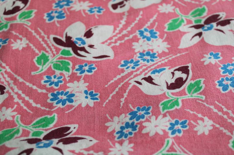 photo of 40s 50s vintage cotton feed sack fabric, retro floral print - magnolias on pink #1