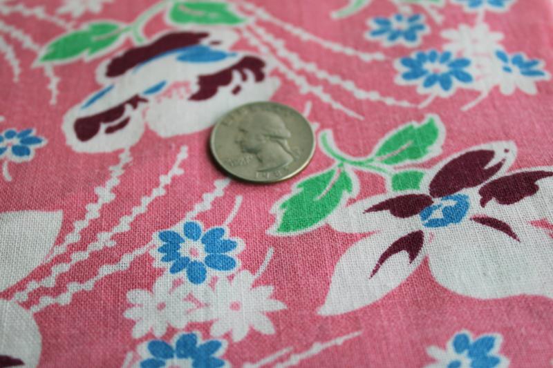 photo of 40s 50s vintage cotton feed sack fabric, retro floral print - magnolias on pink #2