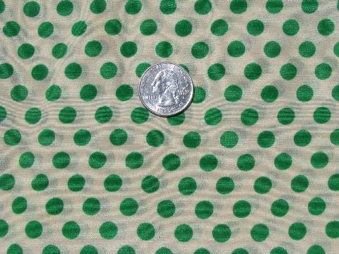 photo of 40s - 50s vintage dotted print silk or rayon fabric, cream / green polka dots #1