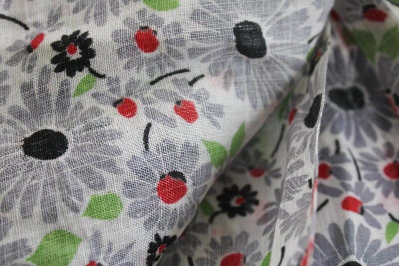 photo of 40s 50s vintage fabric, sheer crisp cotton lawn w/ grey, red, green floral print #4