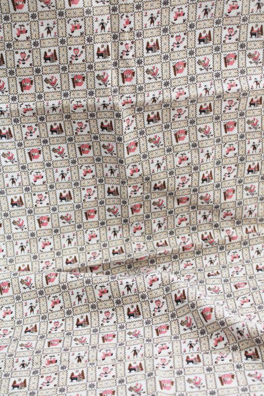 photo of 40s 50s vintage feed sack fabric, pink print folk art roosters, barns, people  #2