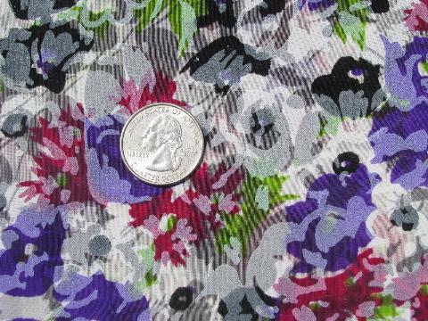 photo of 40s - 50s vintage floral print silk or rayon fabric, watercolor flowers blue/plum/grey #1