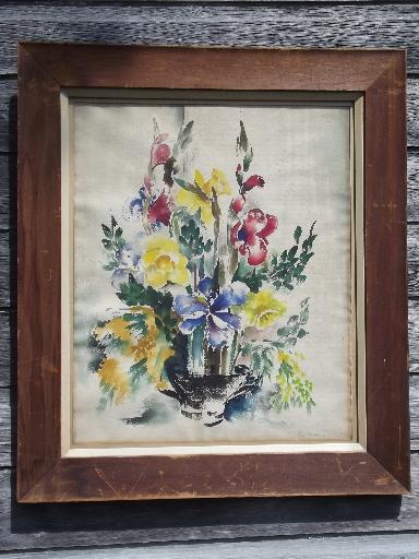 photo of 40s 50s vintage floral still life watercolor, artist signed w/ gallery notes #1