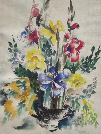 photo of 40s 50s vintage floral still life watercolor, artist signed w/ gallery notes #2