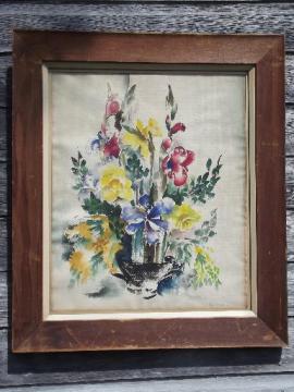 catalog photo of 40s 50s vintage floral still life watercolor, artist signed w/ gallery notes
