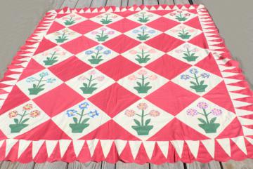 catalog photo of 40s 50s vintage flower garden applique quilt top, hand stitched cotton flowers in planter pots