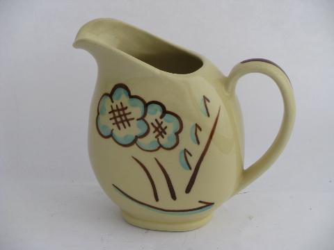 photo of 40s - 50s vintage hand-painted pottery milk pitcher, blue & brown flower on yellow #1