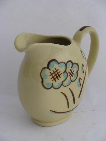 photo of 40s - 50s vintage hand-painted pottery milk pitcher, blue & brown flower on yellow #2