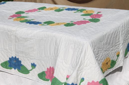 photo of 40s 50s vintage hand-stitched cotton applique quilt bedspread w/ water lily flowers #1