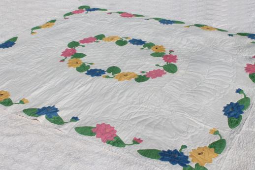 photo of 40s 50s vintage hand-stitched cotton applique quilt bedspread w/ water lily flowers #5