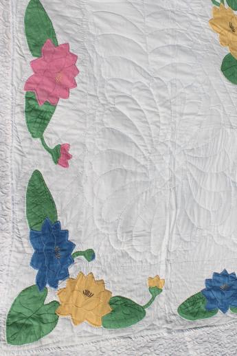 photo of 40s 50s vintage hand-stitched cotton applique quilt bedspread w/ water lily flowers #6