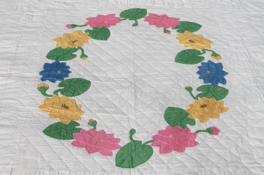 photo of 40s 50s vintage hand-stitched cotton applique quilt bedspread w/ water lily flowers #7