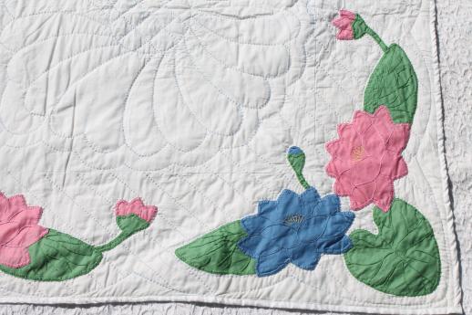 photo of 40s 50s vintage hand-stitched cotton applique quilt bedspread w/ water lily flowers #8