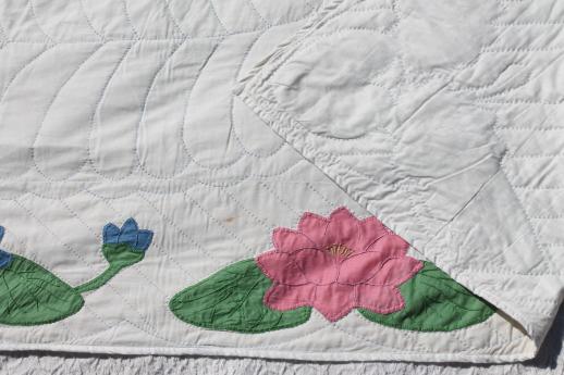 photo of 40s 50s vintage hand-stitched cotton applique quilt bedspread w/ water lily flowers #10