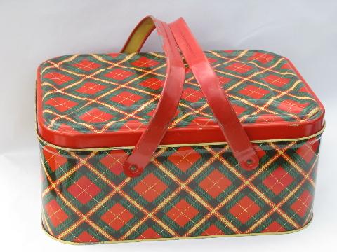 photo of 40s - 50s vintage metal litho picnic basket hamper tin, red plaid print #1