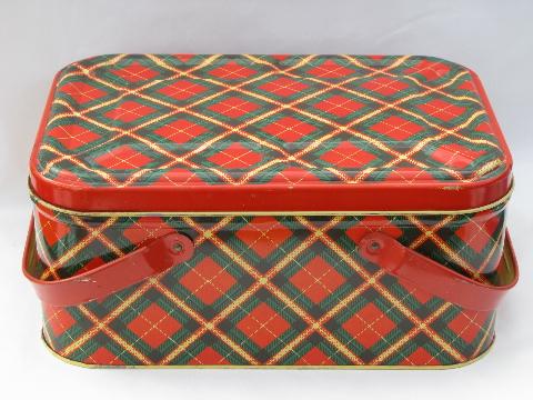 photo of 40s - 50s vintage metal litho picnic basket hamper tin, red plaid print #2