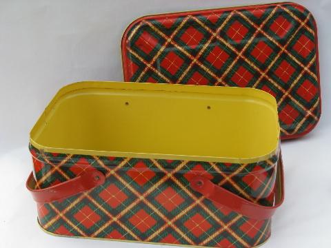 photo of 40s - 50s vintage metal litho picnic basket hamper tin, red plaid print #4