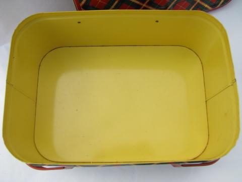 photo of 40s - 50s vintage metal litho picnic basket hamper tin, red plaid print #5