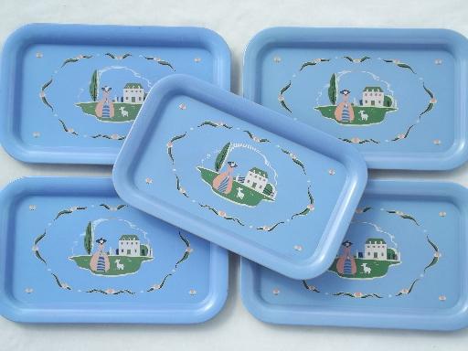 photo of 40s 50s vintage metal trays w/ pretty shepherdess print, cottage style #1