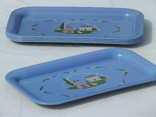 photo of 40s 50s vintage metal trays w/ pretty shepherdess print, cottage style #2