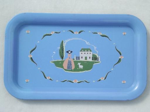 photo of 40s 50s vintage metal trays w/ pretty shepherdess print, cottage style #3