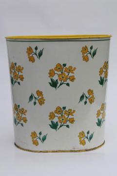 catalog photo of 40s 50s vintage metal wastebasket, yellow primroses chintz floral print tin