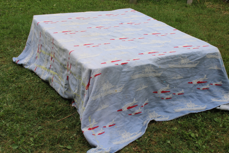 photo of 40s 50s vintage patriotic bedspread, blue, red, white WWII planes & ships woven cotton fabric for upcycle  #1
