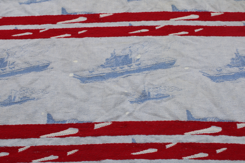 photo of 40s 50s vintage patriotic bedspread, blue, red, white WWII planes & ships woven cotton fabric for upcycle  #2