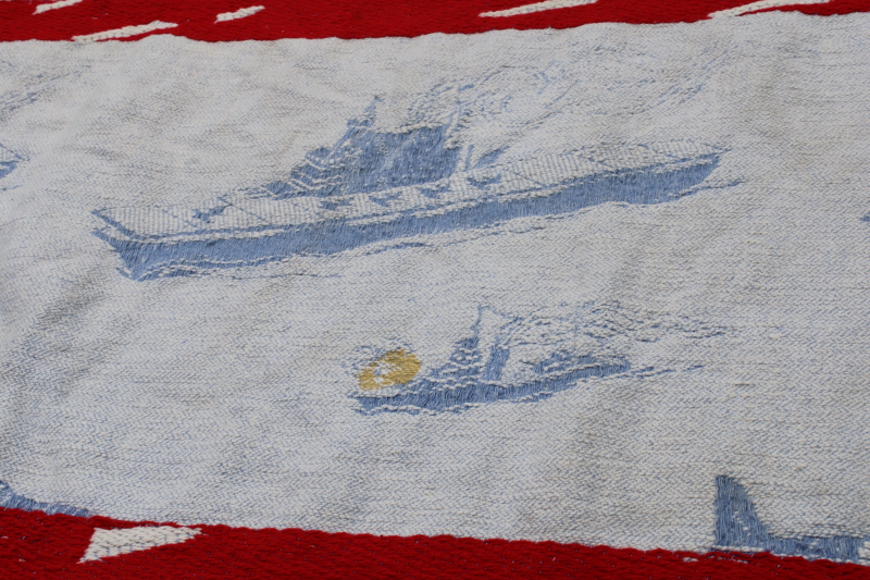 photo of 40s 50s vintage patriotic bedspread, blue, red, white WWII planes & ships woven cotton fabric for upcycle  #3
