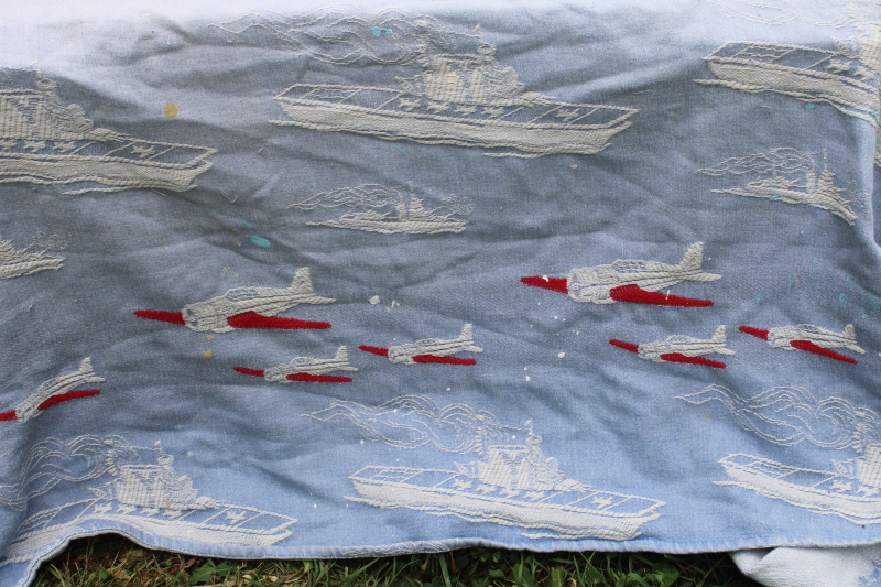 photo of 40s 50s vintage patriotic bedspread, blue, red, white WWII planes & ships woven cotton fabric for upcycle  #4