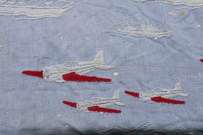photo of 40s 50s vintage patriotic bedspread, blue, red, white WWII planes & ships woven cotton fabric for upcycle  #5