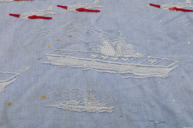 photo of 40s 50s vintage patriotic bedspread, blue, red, white WWII planes & ships woven cotton fabric for upcycle  #6