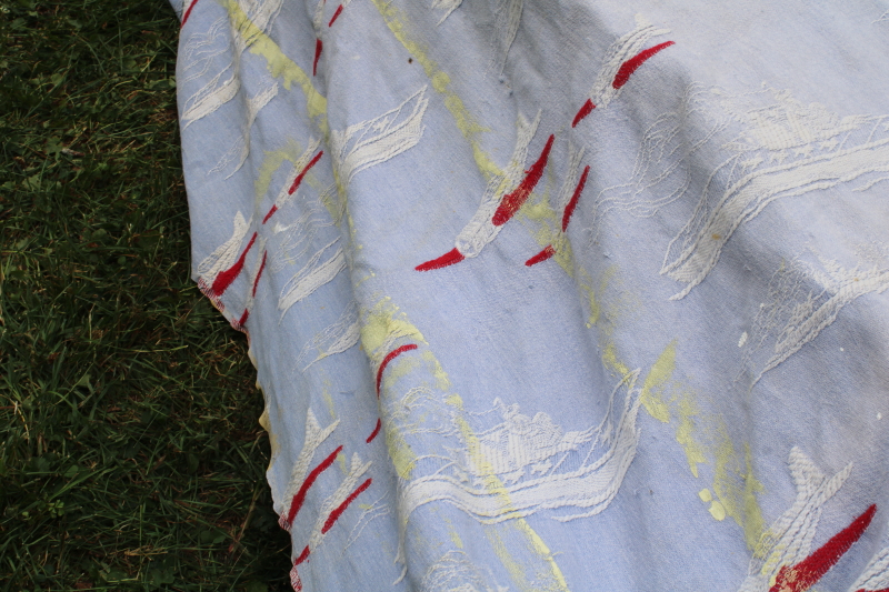 photo of 40s 50s vintage patriotic bedspread, blue, red, white WWII planes & ships woven cotton fabric for upcycle  #8
