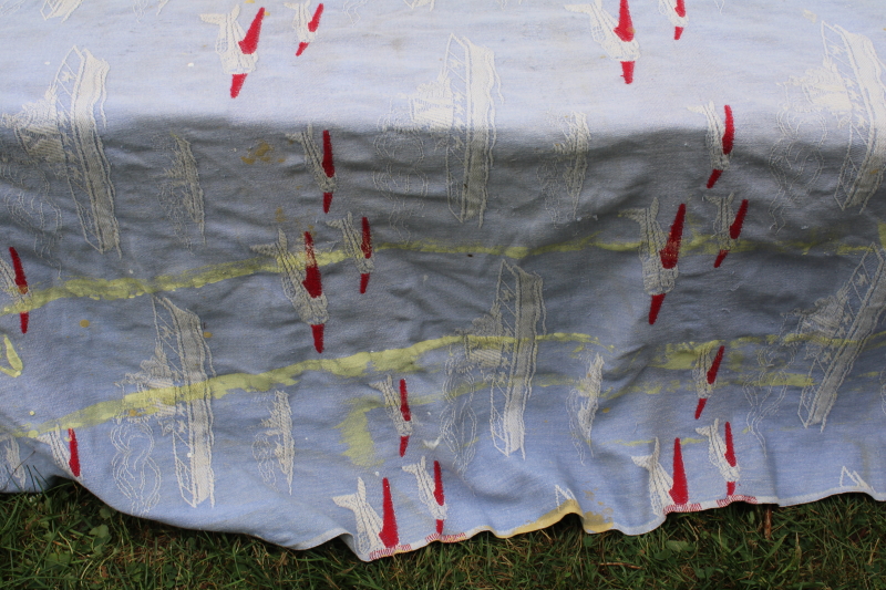 photo of 40s 50s vintage patriotic bedspread, blue, red, white WWII planes & ships woven cotton fabric for upcycle  #9