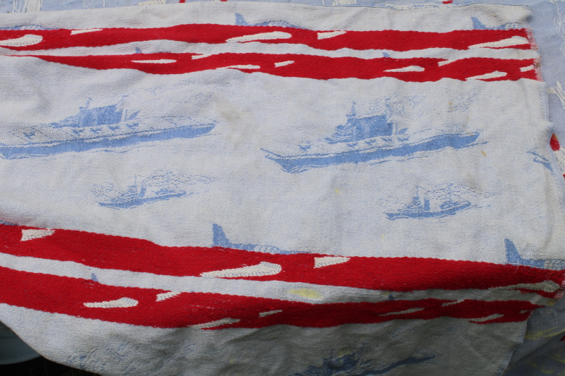 photo of 40s 50s vintage patriotic bedspread, blue, red, white WWII planes & ships woven cotton fabric for upcycle  #10