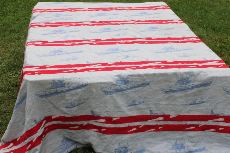 photo of 40s 50s vintage patriotic bedspread, blue, red, white WWII planes & ships woven cotton fabric for upcycle  #11