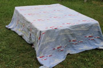 catalog photo of 40s 50s vintage patriotic bedspread, blue, red, white WWII planes & ships woven cotton fabric for upcycle 