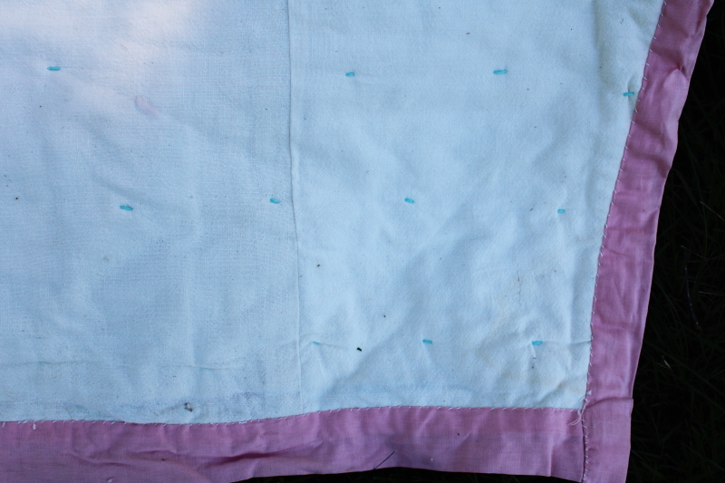 photo of 40s 50s vintage pinwheel patchwork quilt, colorful prints, candy pink cotton border #2